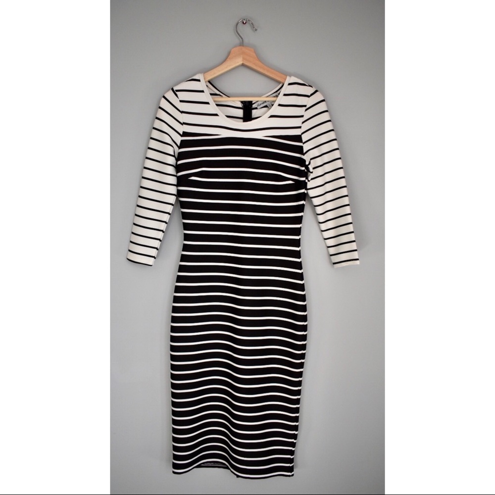 Striped Long Sleeve Midi Dress Black/White